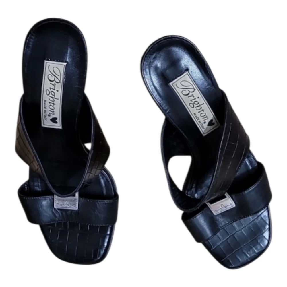 Brighton Ryan Black Croc Embossed Leather Sandals Square Toe Sz 6